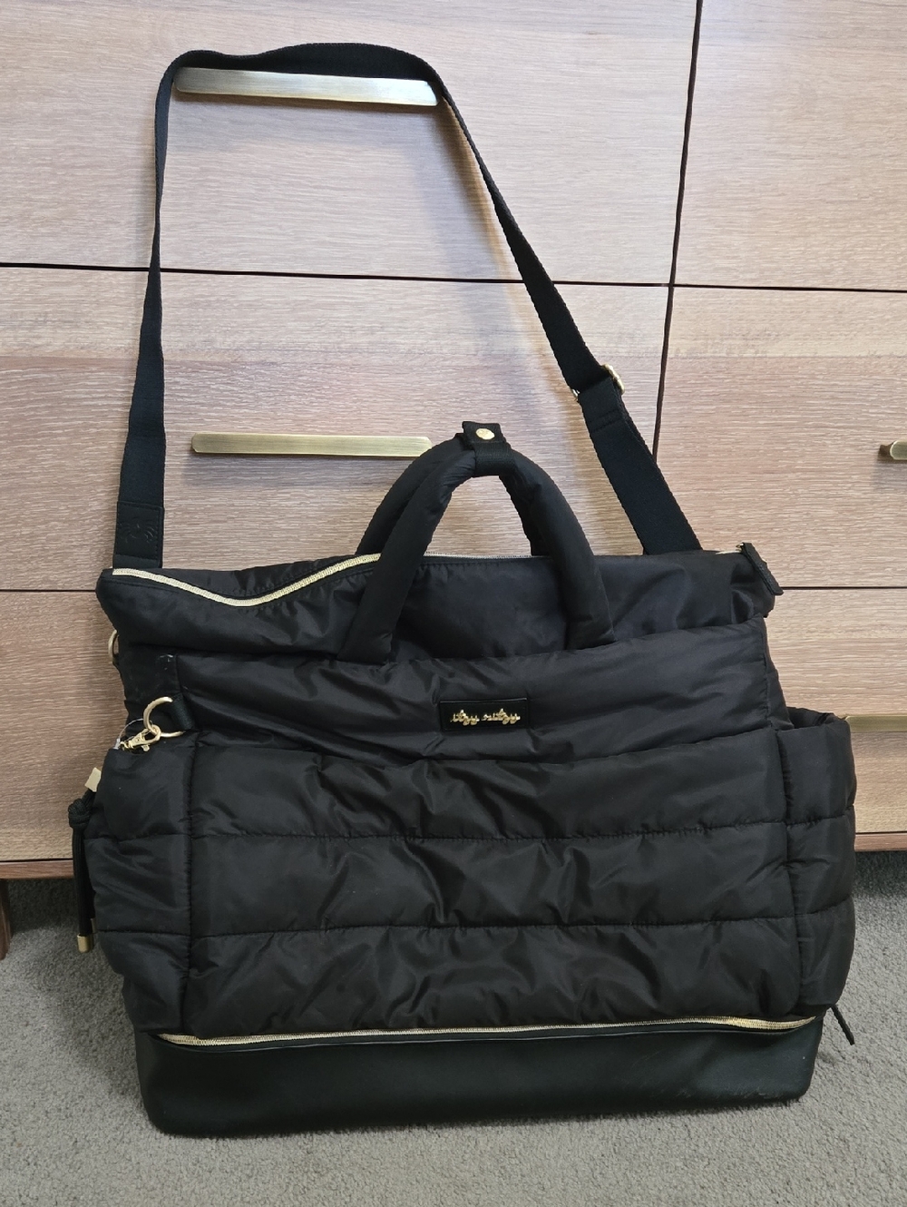 Itzy Ritzy 'THE WEEKENDER' Black Quilted Travel Tote with Gold Hardware